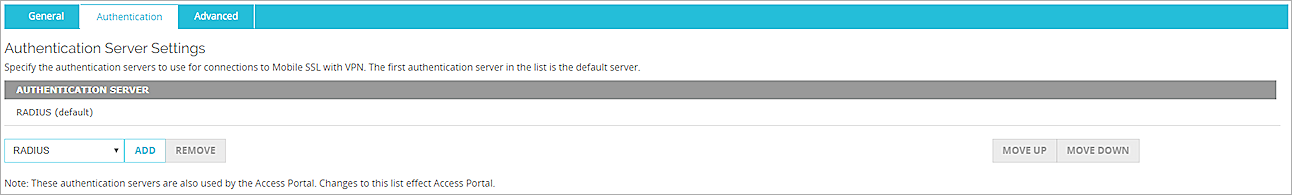Screenshot that shows the RADIUS authentication server added to the Authentication Server list.